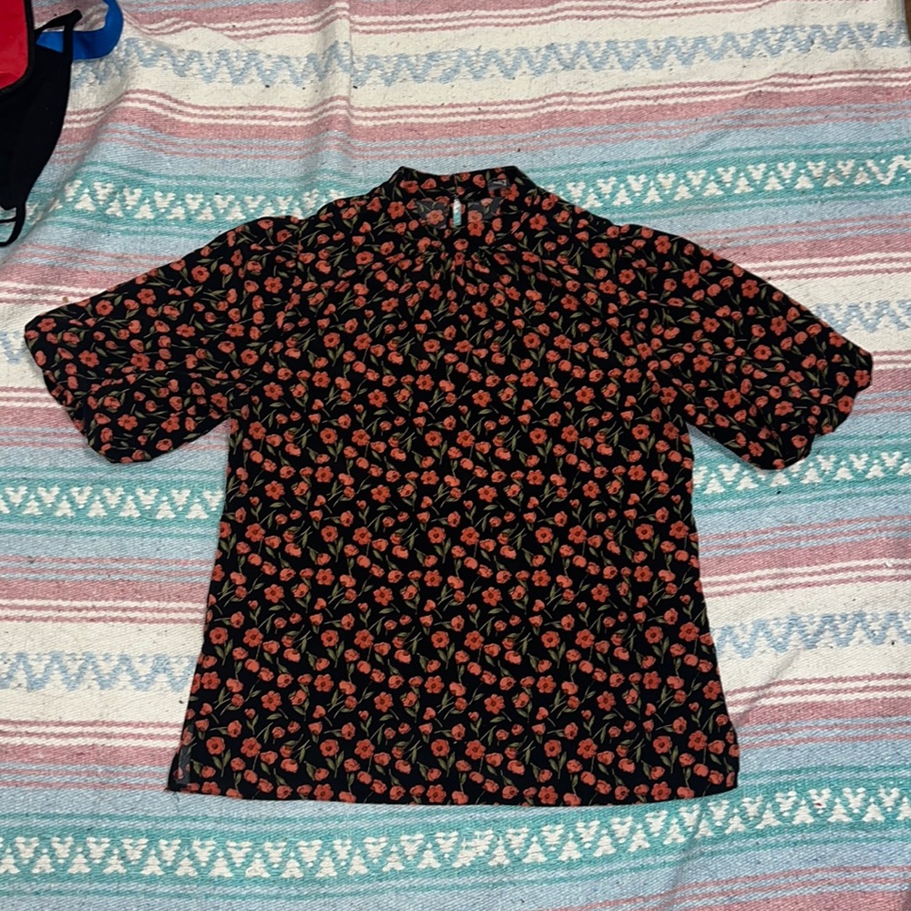 Dorothy Perkins black floral high neck blouse with puff sleeves